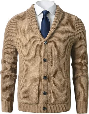 Чоловічий в'язаний кардиган з коміром-шарфом, візерунок 
