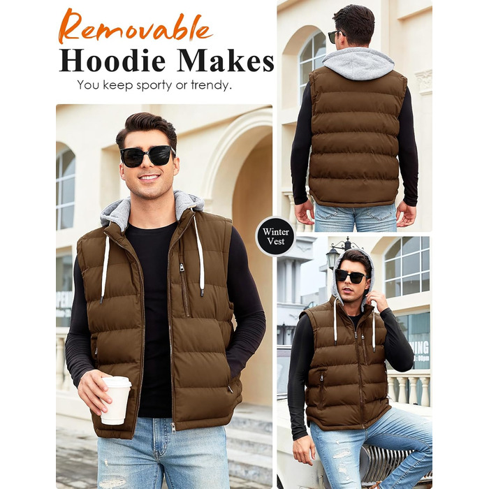 Чоловіча степкова жилетка Vancavoo з капюшоном, тепла зимова жилетка для активного відпочинку, спортивна жилетка, перехідна куртка, колір кава, розмір S