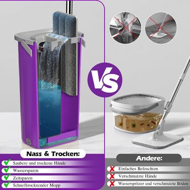 Набір для миття підлоги MASTERTOP з відром, моп з нержавіючою ручкою та 3 насадками, 2 в 1 набір відра та мопа, плоский моп з функцією віджиму для твердої підлоги, ламінату, плитки (Бежевий) (Набір для миття підлоги з відром: Фіолетовий)