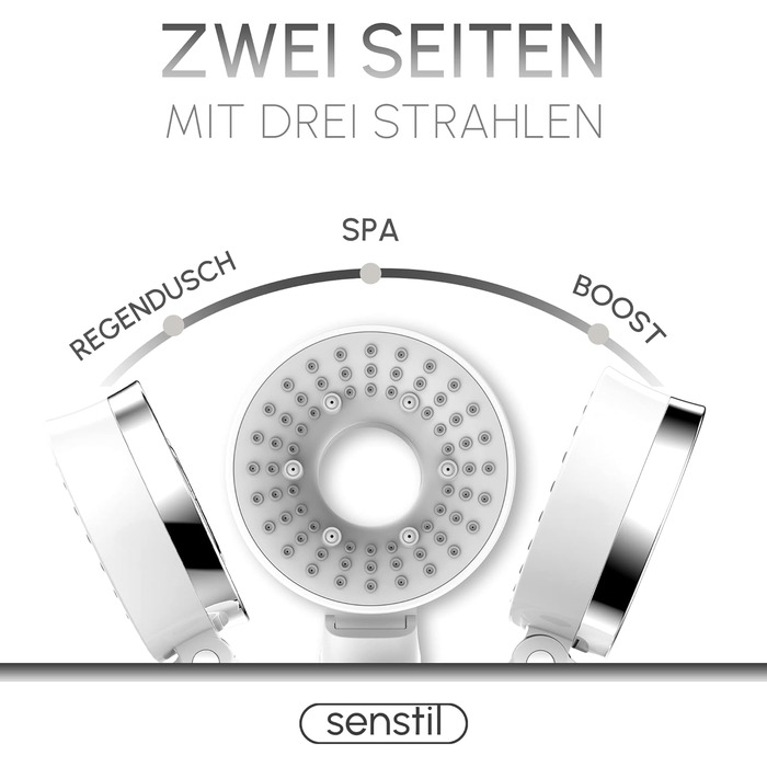 senstil® Premium Shower Head with Hose | Up to 60% Water-Saving Handheld Shower | 3 Spray Modes | SPA, Rain Shower, Booster | Optimal Water Pressure, Smart-Stop Button Saves Water & Energy (White)