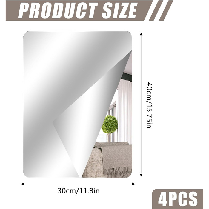 Самоклеючі дзеркальні наклейки на плитку, 4 шт. (40x30 см, круглий кут) - акрилові дзеркала для дому, школи, ванної кімнати