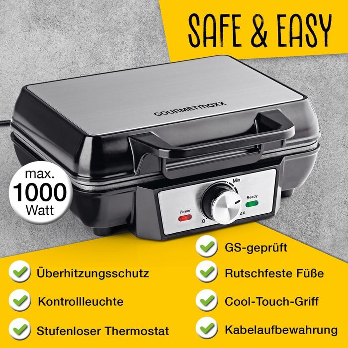 Gourmetmaxx Belgian Waffle Maker - 1000W - Non-Stick - Even Heat Distribution - 2 Waffle Plates