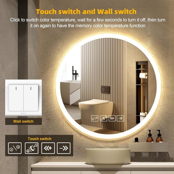 Круглий дзеркало для ванної кімнати з LED-підсвічуванням, 60 см, з функцією проти запотівання, сенсорним перемикачем та Bluetooth, регульована яскравість, 3000K/4000K/6500K, HD-загартоване скло, 600*600 мм