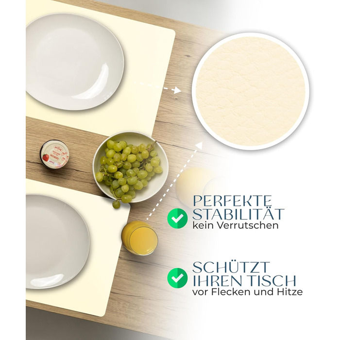 Washable Table Placemats 4-Piece Set – Sustainable, Stable & Non-Slip – High-Quality Recycled Leather, Made in Germany (Beige)
