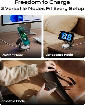 Бездротова зарядна станція KU XIU X40 Turbo Qi2.2 25W 3-в-1 для iPhone 17/16/15/14/13/12, Apple Watch, AirPods. Алюмінієвий адаптер GaN 45W, дерев'яна текстура