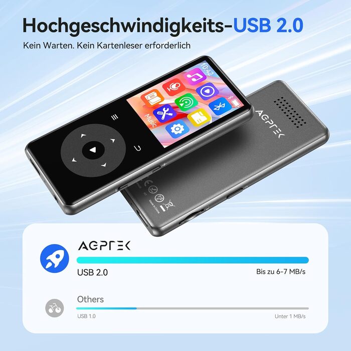MP3 плеєр AGPTEK з Bluetooth, 1.8-дюймовий дисплей, вбудований динамік, FM-радіо, HiFi звук, підтримка карт пам'яті до 128 ГБ (Чорний)