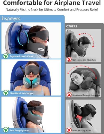 Подушка для шиї у літак з ременем безпеки та 3D маскою для сну, блакитна. Підтримка шиї та голови, високоякісний пінополіуретан, запобігає нахилу голови.