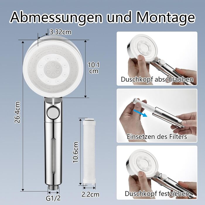 Fall Shower Head with Filter - High-Pressure Handheld Shower with 1.5M Hose, Shower Head with 5 Spray Patterns and Stop Function, Shower Head with Hose, Chrome (Chrome and White)