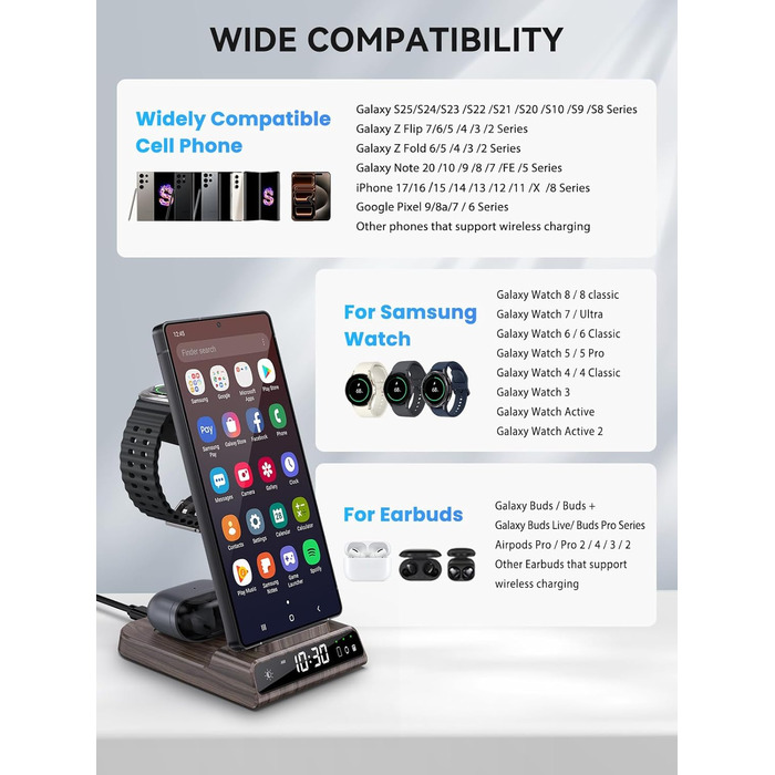 Бездротовий зарядний пристрій 3-в-1 для Samsung Galaxy S25 Ultra, Watch 8/7/Ultra, Buds, з цифровим годинником (дерев'яна текстура)