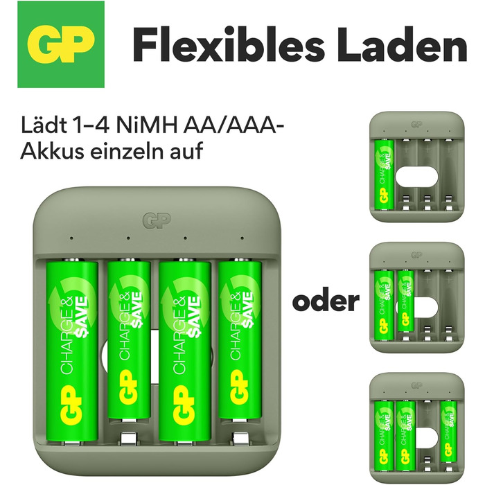 Зарядний пристрій GP Charge&Save для батарейок AA AAA з USB-C, 4 слоти, швидка зарядка, LED-індикатор, компактний дизайн