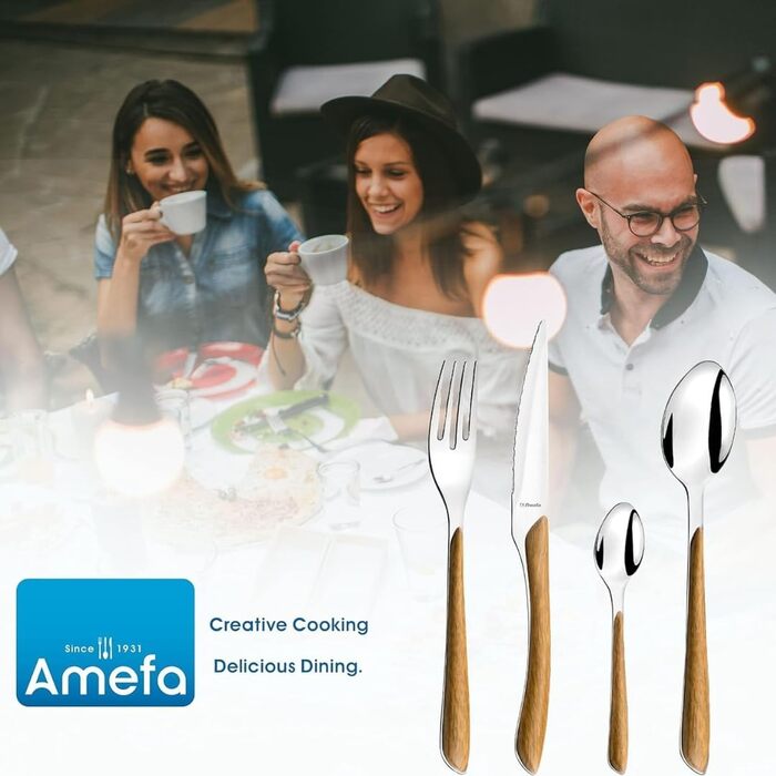 Amefa ECLAT Cutlery Set NATURE Brown Wood-Look Dining Cutlery 24-Piece for 6 People Stainless Steel, Rust-Proof, Plastic Grips with Wood-Look Finish, Dishwasher-Safe Cutlery Set for 6 People