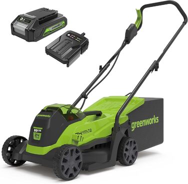 Акумуляторна газонокосарка Greenworks 24V, безщітковий двигун, 33 см, для газонів до 140 м², 30-літровий травозбірник, комплект з акумулятором і зарядним, 3 роки гарантії