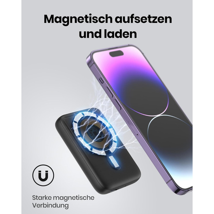 Магнітний повербанк сумісний з чохлом MagSafe, 10000mAh, бездротова швидка зарядка, USB-C вхід/вихід, зовнішній акумулятор для iPhone 15 14 13 12 Pro Max