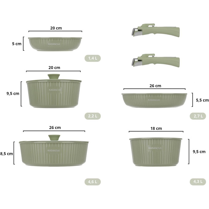 Набір каструль Kasanova Eaziclip 9 шт. з керамічним покриттям, індукційні, знімні ручки, антипригарні, з кришками (зелений)