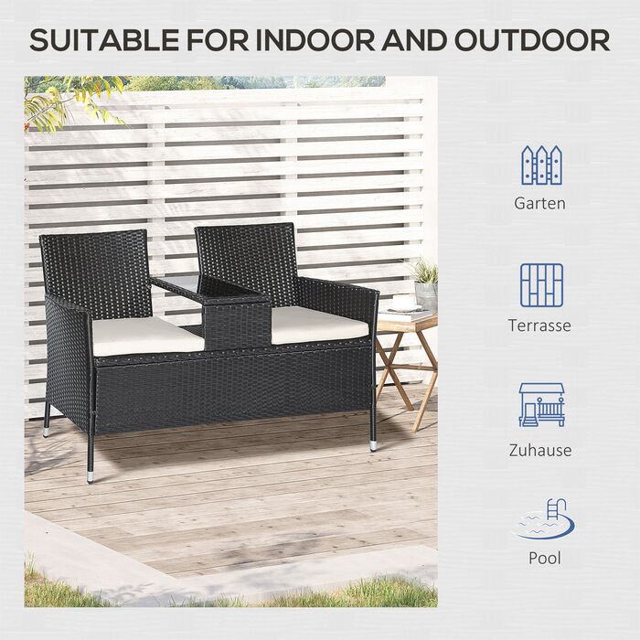 Садова лавка Outsunny з ротангу Polyrattan на 2 особи з журнальним столиком, садове диван-крісло зі сталі чорного кольору, B133 x Ш63 x H84см, стійке до погодних умов та сучасне
