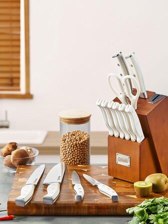D.Perlla 14-Piece Self-Sharpening Knife Block Set - Professional Stainless Steel Kitchen Knife Set with Plastic Handle & Wooden Block (Brown)