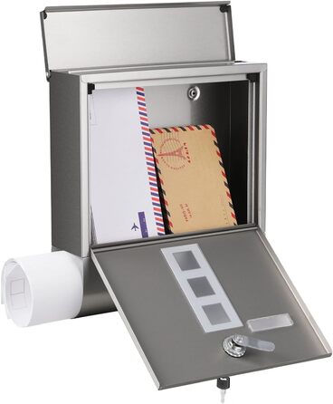 Поштова скринька SONGMICS з замком, оглядовим вікном та відділенням для газет, сіра (GMB20AG) - 10x30.8x33.8 см