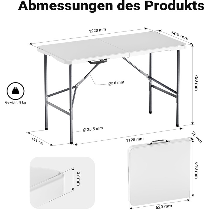 Складний кемпінговий стіл Wiltec 122x60x75 см з ручкою для перенесення - для пікніка, саду, вечірок