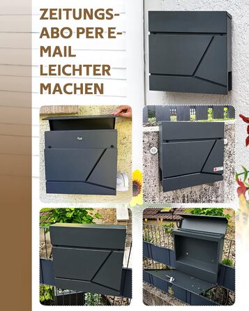 Поштовий ящик Anthrazit з нержавіючої сталі з відділенням для газет (37x37x10 см), персоналізований з табличкою для імені, стійкий до погодних умов, наклейки проти небажаної реклами, настінний поштовий ящик