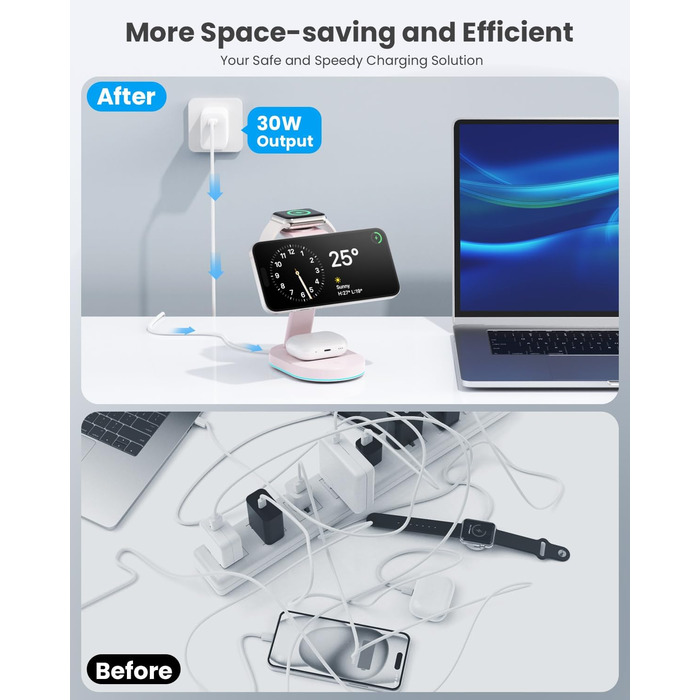 Бездротова зарядка 3-в-1 з MagSafe, USB-C, для iPhone 16/15/14/13/12, Apple Watch та AirPods, з нічним світлом (Рожева)