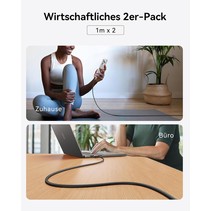 Кабель USB-C 240W, 2 шт. (2м) з LED-підсвічуванням, нейлон, для iPhone, Samsung, Pixel, iPad, MacBook.