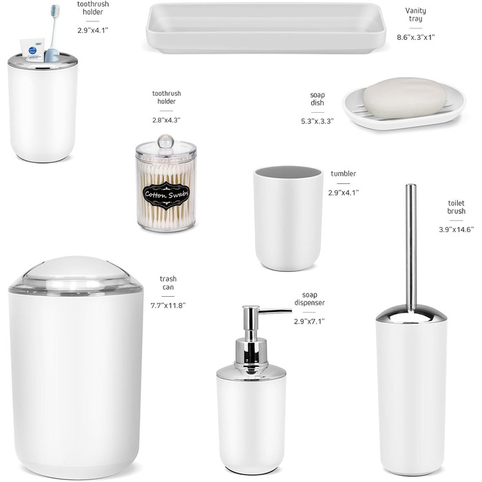 Набір аксесуарів для ванної кімнати IMAVO – 8 предметів сірого кольору (сміттєвий бак, дозатор мила, мильниця, тримач для зубних щіток, тримач для унітазного йоржика, диспенсер для ватних паличок з етикетками)