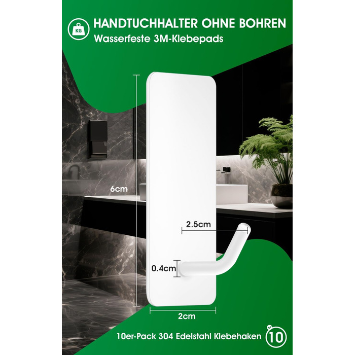 Набір тримачів для рушників без свердління, 10 шт., гачки самоклеючі з нержавіючої сталі 304, надміцні, для великих предметів, настінні гачки для ванної, туалету та кухні, стійкі до корозії, рушкові гачки (довші)