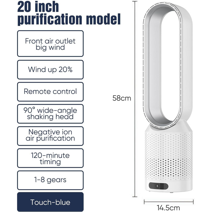 2-в-1 Вентилятор з очищувачем повітря безлопатий, з пультом, 8 швидкостей, осциляція 90°, таймер, для спальні/офісу (срібний)
