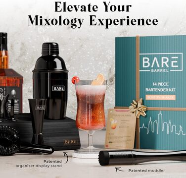 Bare Barrel Pro Cocktail Set - 14-Piece Boston Shaker Set with Stand & Recipe Cards - 24oz Cobbler Shaker
