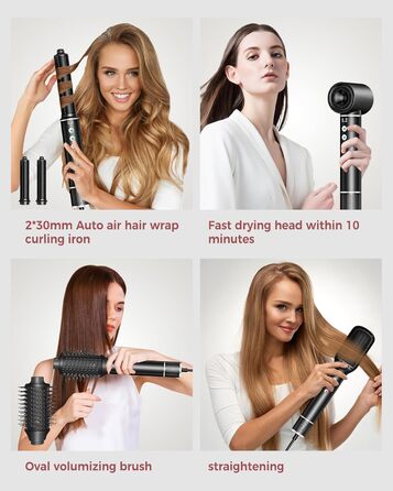 Airstyler 5 в 1: Фен-щітка з іонізацією, 5 насадок, 20 м/с, 110 000 об/хв, легкий (340г), чорний