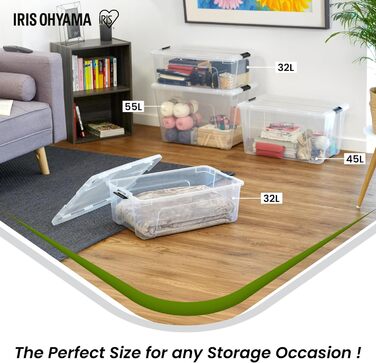 Iris Ohyama Storage Box with Lid, 6-Piece Set, Transparent, Snap Closures with Handles, Stackable, Strong & Durable, For Clothing, Garage, Home, Office, Plastic Box, Storage TB-45 (32L, x4)
