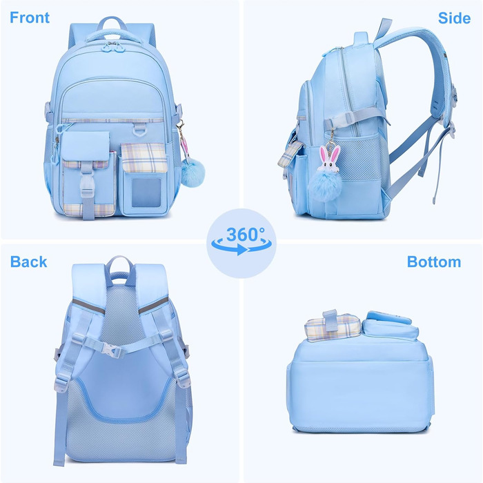 Сумка для школи для дівчаток - велика містка рюкзак Каваї з відділом для ноутбука для учнів початкової та середньої школи, блакитний