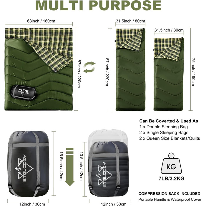 Сплячий мішок двомісний ETGLCOZY для дорослих та дітей, XL Queen Size, 220*160 см, для кемпінгу, походів, хайкінгу, водонепроникний, з компресійним мішком (зелений)