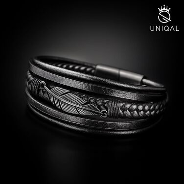 Чоловічий шкіряний браслет UNIQAL 'FEATHER' з нержавіючої сталі та натуральної шкіри, в подарунковій коробці, 23 см