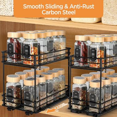VINATO Висувна полиця для спецій на 2 яруси – органайзер для кухні з роликовими направляючими, підставка для спецій у шафку, полиця для спецій без свердління (26x15x21,8 см)