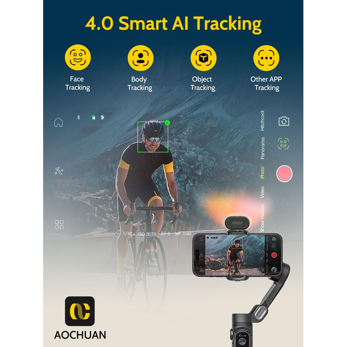 Стабілізатор для смартфона AOCHUAN 3-осьовий з функцією розпізнавання обличчя, вбудованим світлом, 1/4 дюйма, для iPhone 16/15 Pro, Android, TikTok - Smart X Kit, Чорний