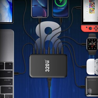 Зарядний пристрій USB C 320W, 8 портів: швидка зарядка USB-A та USB-C, PD PPS 100W для MacBook, iPad, Samsung