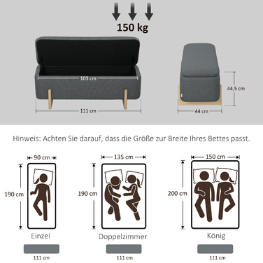 HOMCOM Storage Ottoman, Upholstered Bench with Foam Padding, Linen-Look Fabric, 111 x 44 x 44.5 cm, Dark Gray