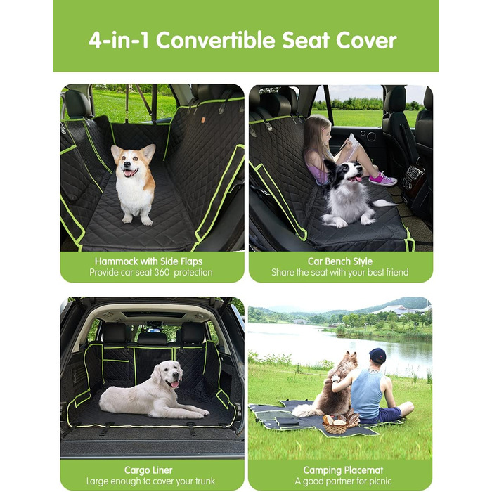 Автомобільний чохол на сидіння для собак NZONPET 4-в-1, 100% водонепроникний, стійкий до подряпин, гамак з великим сітковим вікном, довговічний, неслизький, захист заднього сидіння для тварин, підходить для авто, вантажівок, SUV, стандарт, зелений