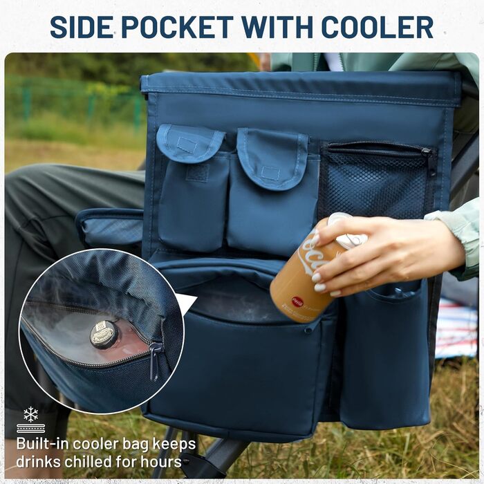 Складний туристичний стілець Timber Ridge XXL (230 кг) з широким сидінням (62 см), високою спинкою, підстаканником та міцними підлокітниками для кемпінгу, пікніка, саду та балкону (Блакитний, 1 шт)