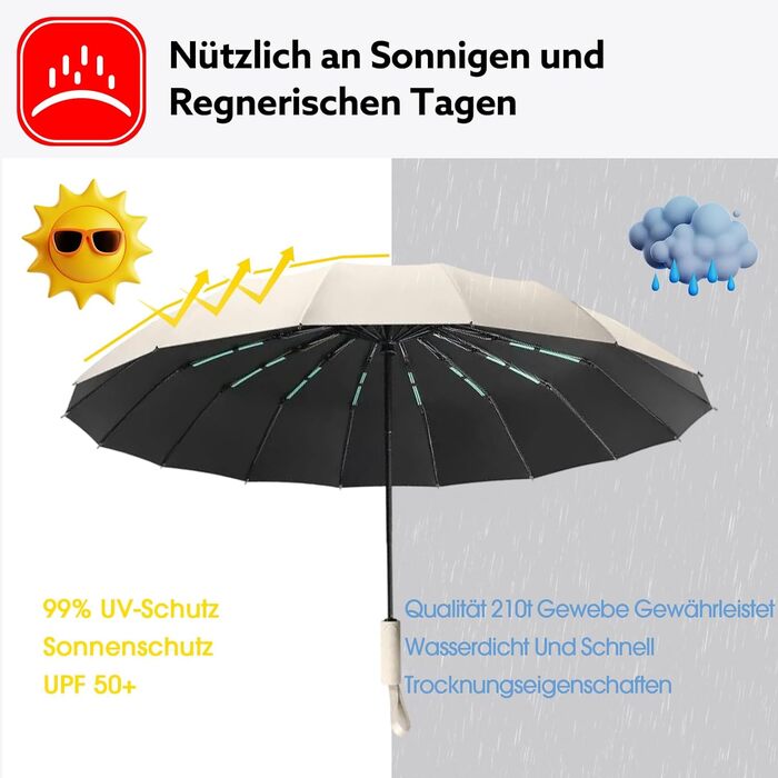 Стійкий до вітру парасолька-тростина, автоматичний, великий, 16 ребер, тефлонове покриття, захист від УФ, бежевий
