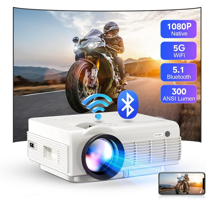 Beamer YEZMEK 5G WiFi Bluetooth: Міні проєктор LED 1080P Full HD з підтримкою 4K, HDMI, USB, TF для дому та кіно