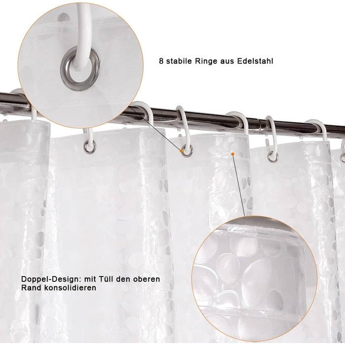 Шторка для душу WELTRXE з антигрибковим покриттям, з магнітним обтяжувачем, 183x183 см, водонепроникна, антибактеріальна, EVA, 3D-візерунок, 12 кріплень для душу, для ванни та душу