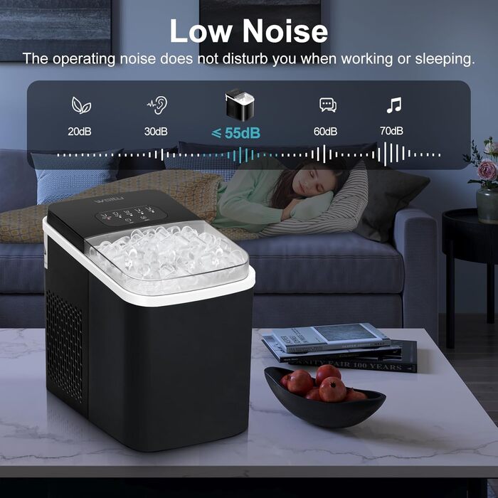 WOLTU Compact Ice Cube Maker Machine - Fast Ice Production (8 Cubes/6-8 Min) - 12kg/24h Capacity - Portable with Handle - Self-Cleaning - 2 Sizes - Ice Maker for Home, Camping, Office (1.4L, Black)