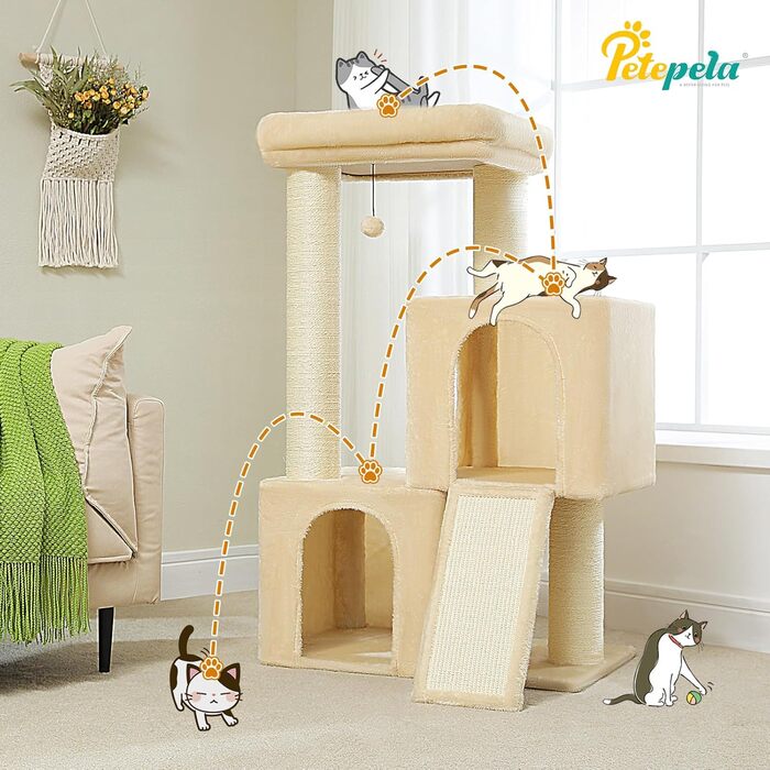 PETEPELA Scratching Post with Dual Condos for Apartment Cats, All-in-One Cat House with Padded Perch, Scratch Ramp and Posts, and Interchangeable Balls (Beige, L 113cm)