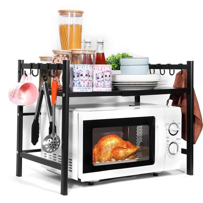 Регульована підставка для мікрохвильовки 2-ярусна, розширювана полиця для кухні з вуглецевої сталі з 8 гачками, органайзер для кухонних аксесуарів, стійка для мікрохвильовки та полиця для зберігання, кухонна полиця для випічки