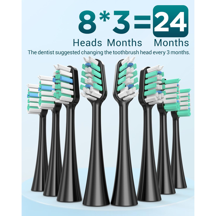 Електрична звукова зубна щітка для дорослих з 8 насадками та кейсом для подорожей, 5 режимів, водонепроникна IPX7, до 90 днів роботи від акумулятора, чорна (1 шт)