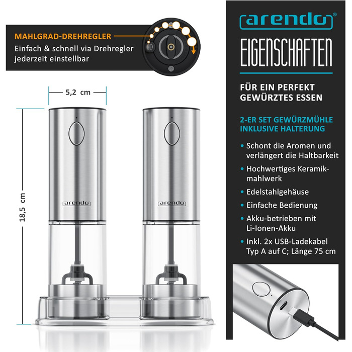Електричні млини для спецій Arendo – набір з солі та перцю, нержавіюча сталь, керамічний механізм, LED-підсвічування, акумулятор, щітка та воронка