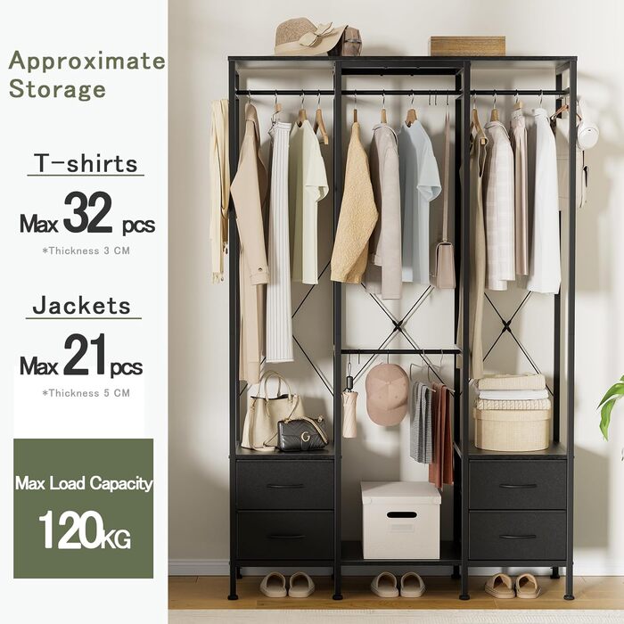 Відкрита шафа для одягу, вішалка для одягу, гардеробна стійка з 4 шухлядами, стабільна вішалка для спальні, вітальні, передпокою (Чорний)