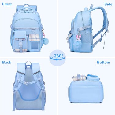 Сумка для школи для дівчаток - велика містка рюкзак Каваї з відділом для ноутбука для учнів початкової та середньої школи, блакитний